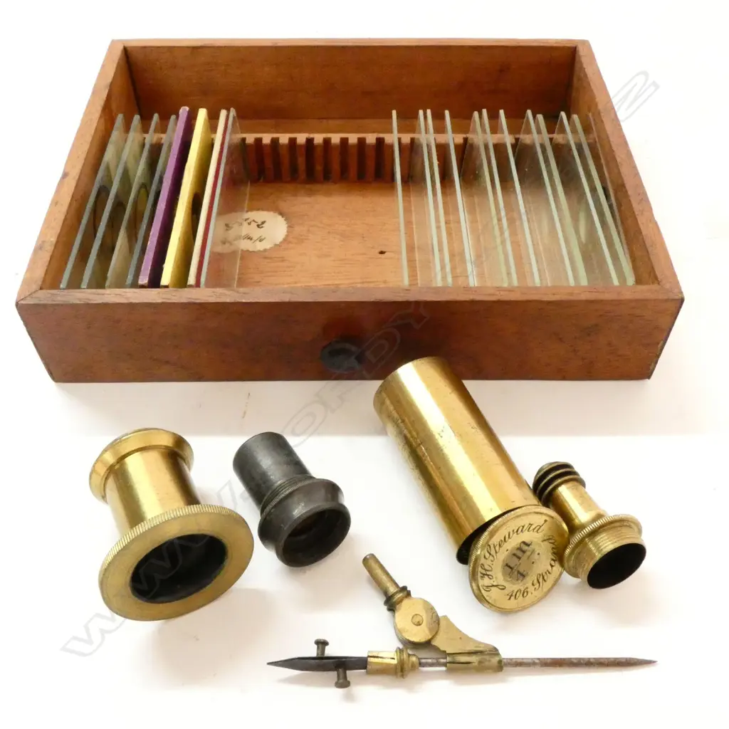 J. H. STEWARD 406 & 66 STRAND & 54 CORNHILL, LONDON No.701 BRASS MONOCULAR MICROSCOPE w SLIDES & BULLSEYE IN MAHOG BOX Image 1++